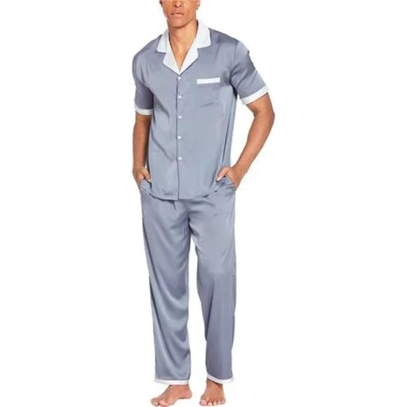 Men Silk Satin Pajamas Set Short Sleeve Light Gray - Picture 1 of 8